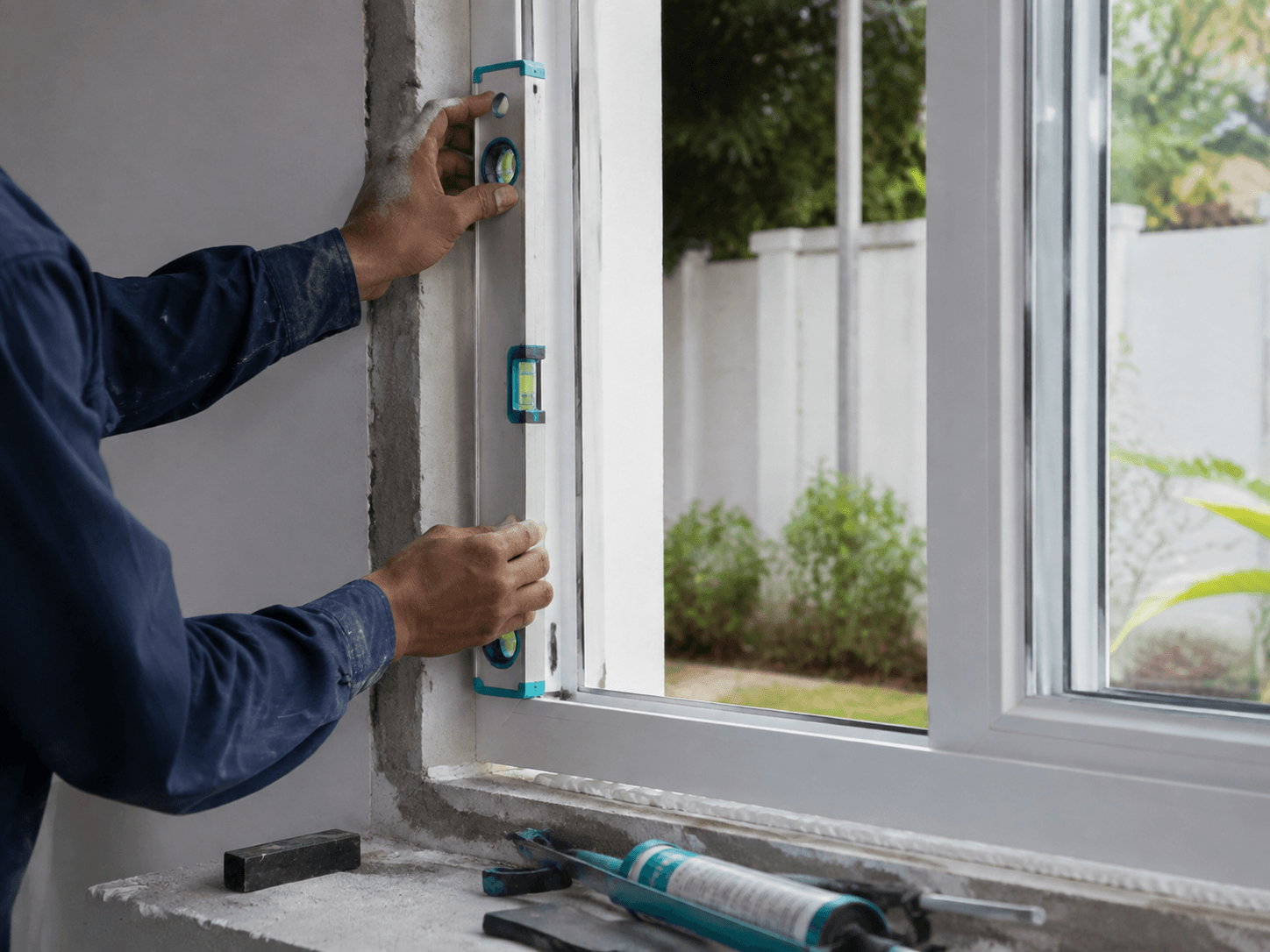 UPVC window frame being checked carefully during installation