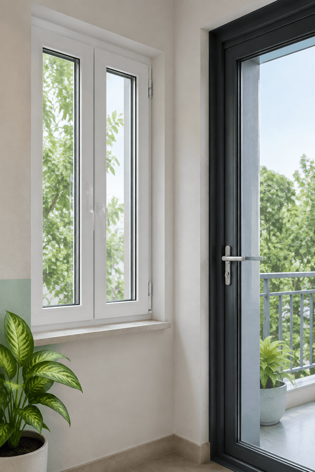 White and charcoal window and door systems in a bright interior