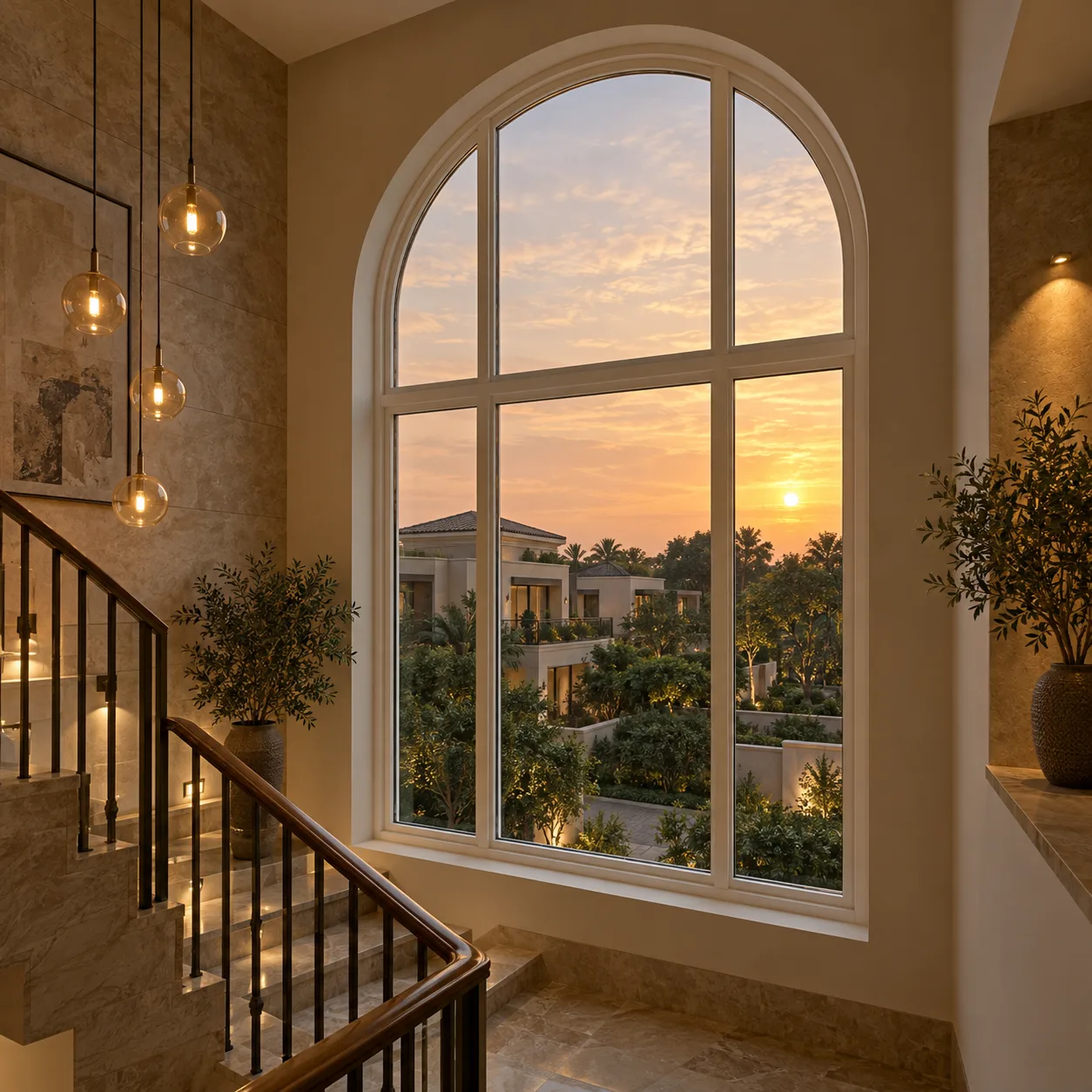 Custom arched UPVC picture window in a villa stairwell