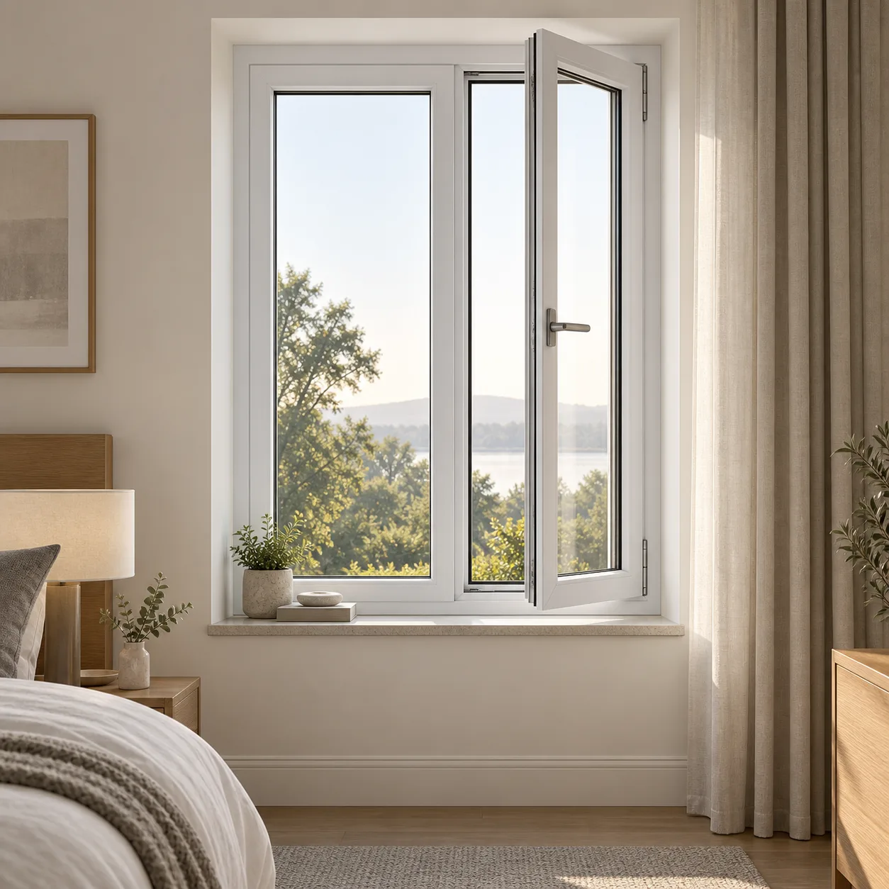 White UPVC casement window open in a calm bedroom