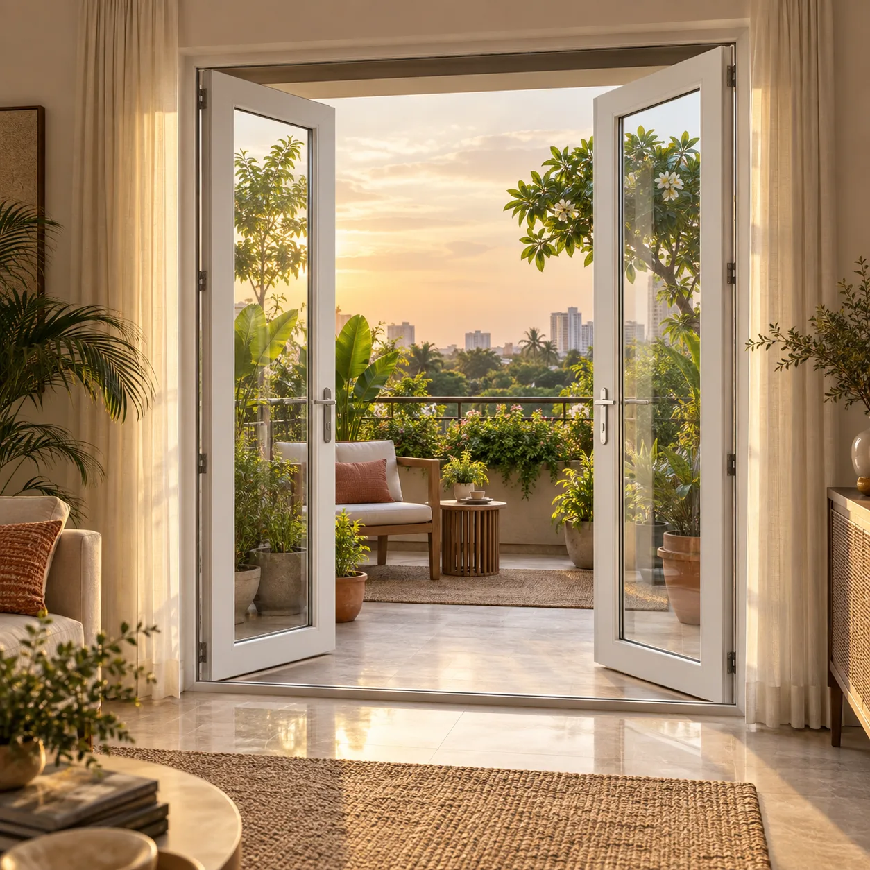 White UPVC French doors opening to a planted balcony