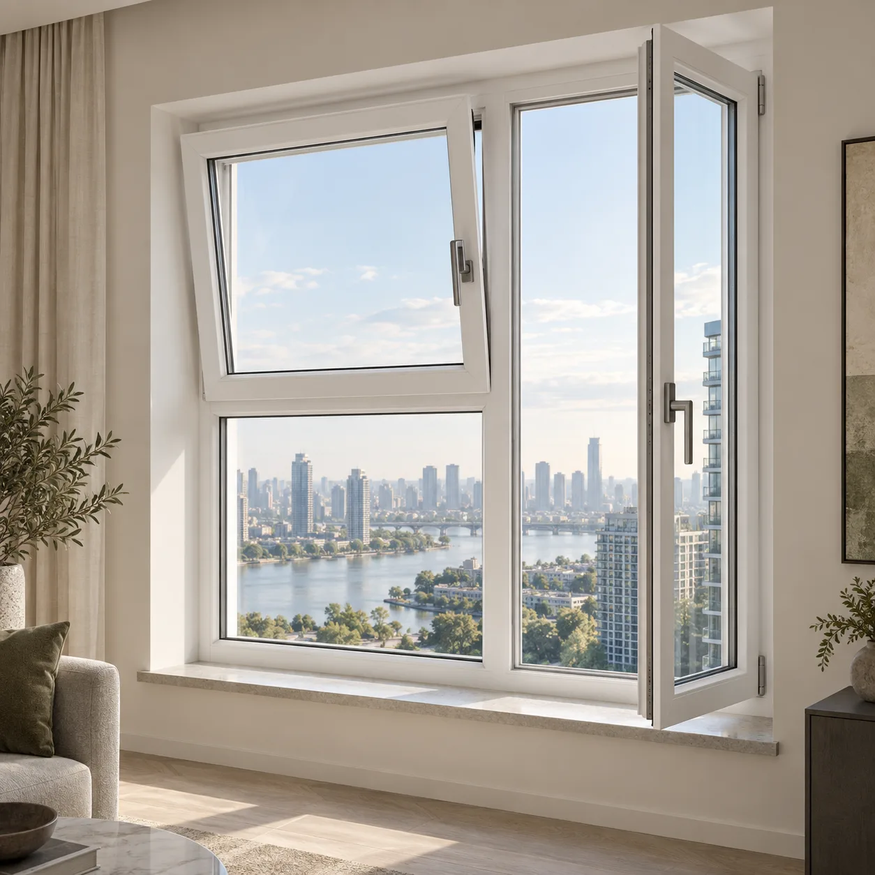 White UPVC tilt and turn window in a high-rise apartment