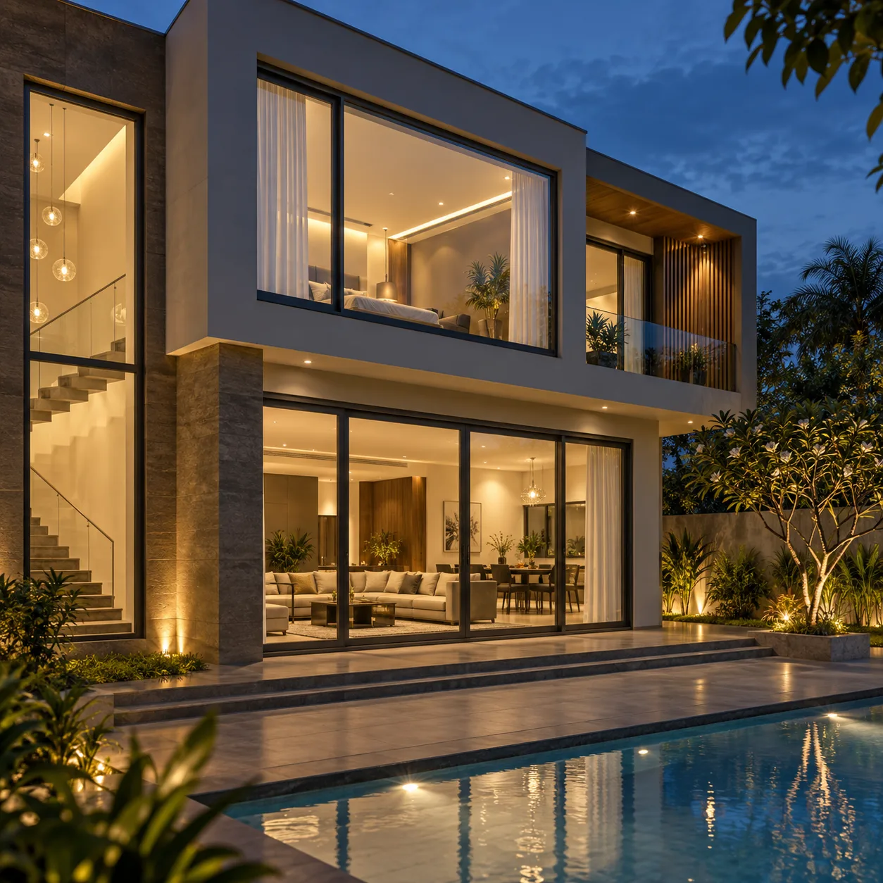 Contemporary villa facade with large UPVC glazing